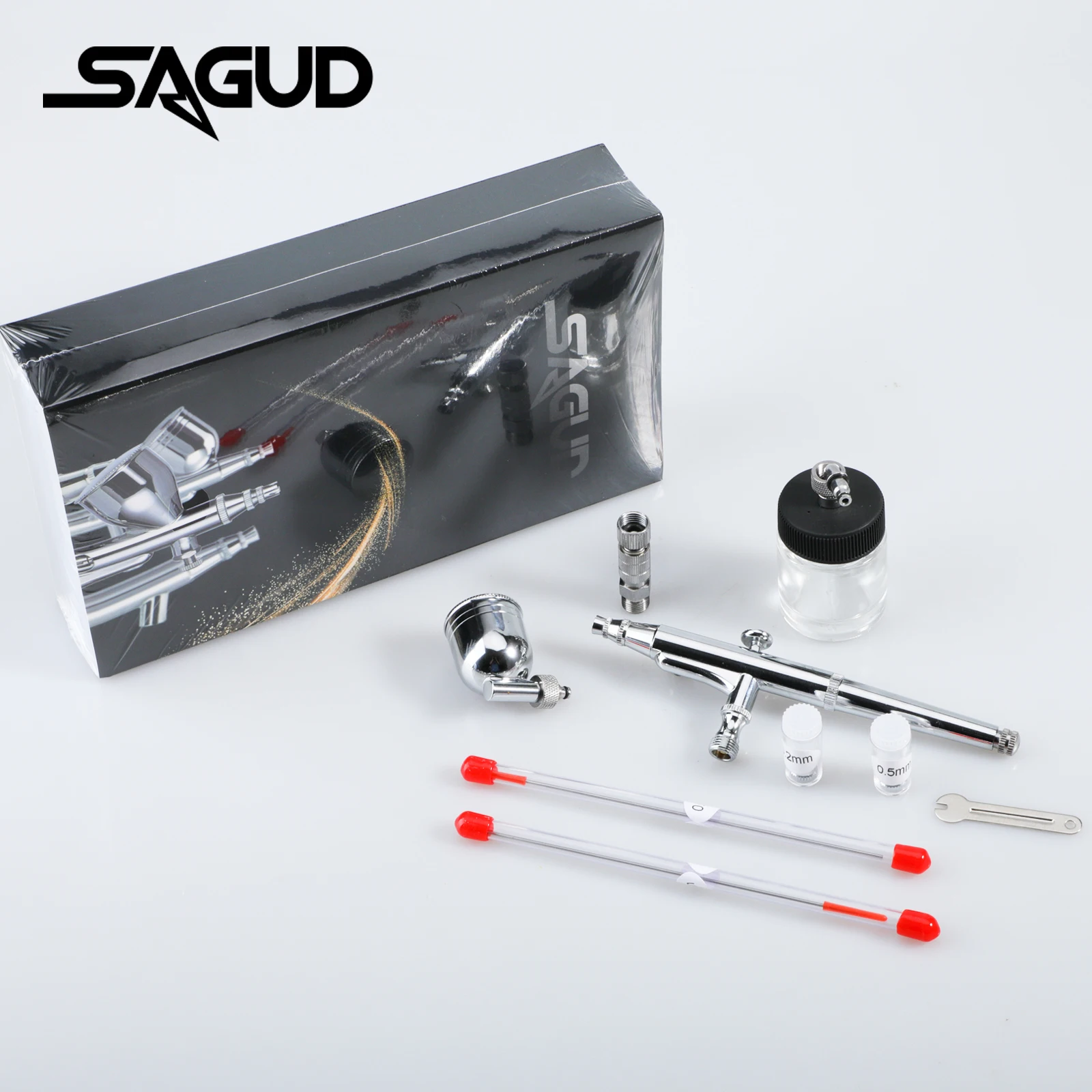 SAGUD Airbrush Kit Dual-Action Side Bowl Feed Airbrush mit 0,2 Düsennadel und Farbglasflasche für Nail Art Cake Hobby