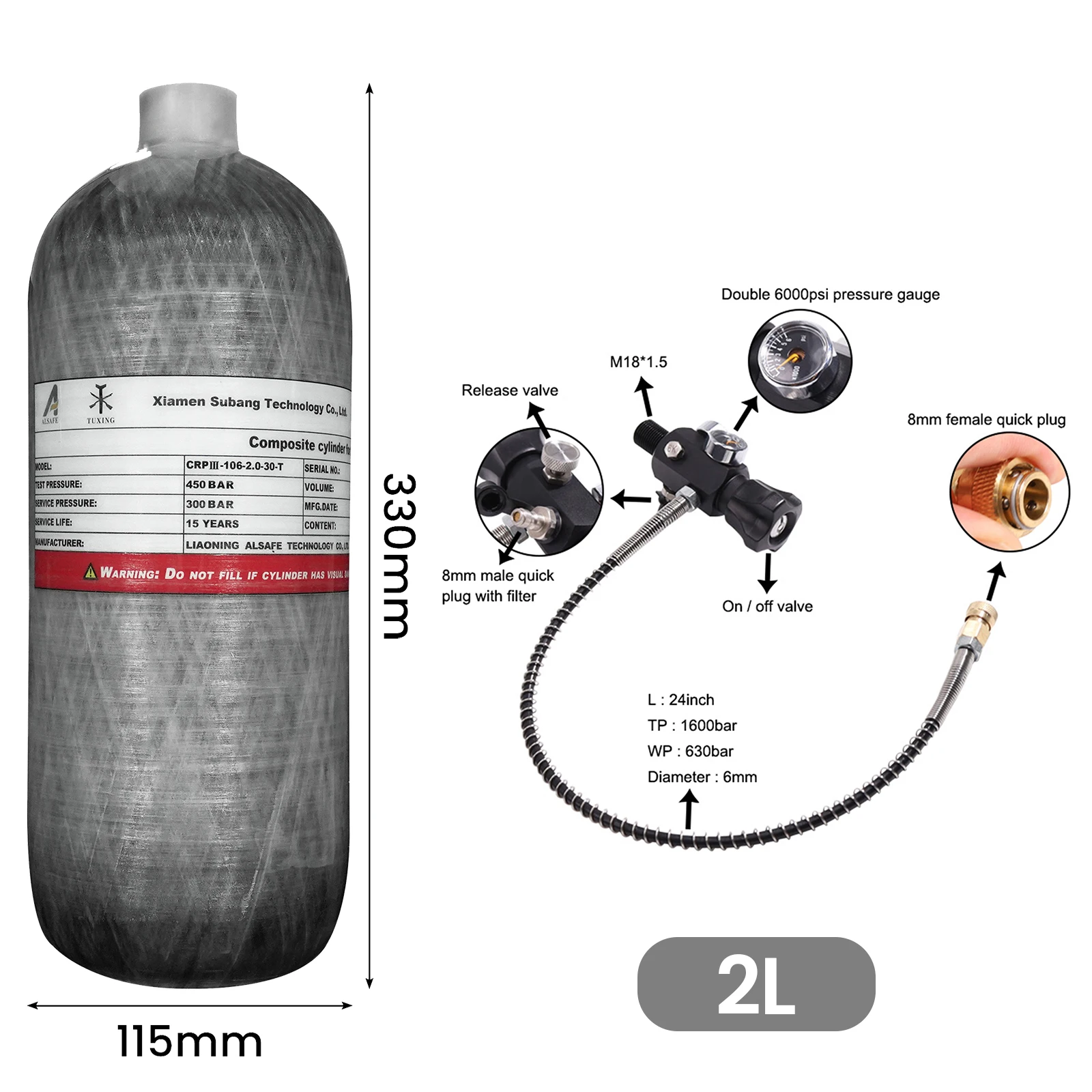 TUXING 300Bar 2L Carbon Fiber Cylinder with Regulator Gauge valve 4500psi High Pressure Fill Station Tank Scuba Diving M18*1.5