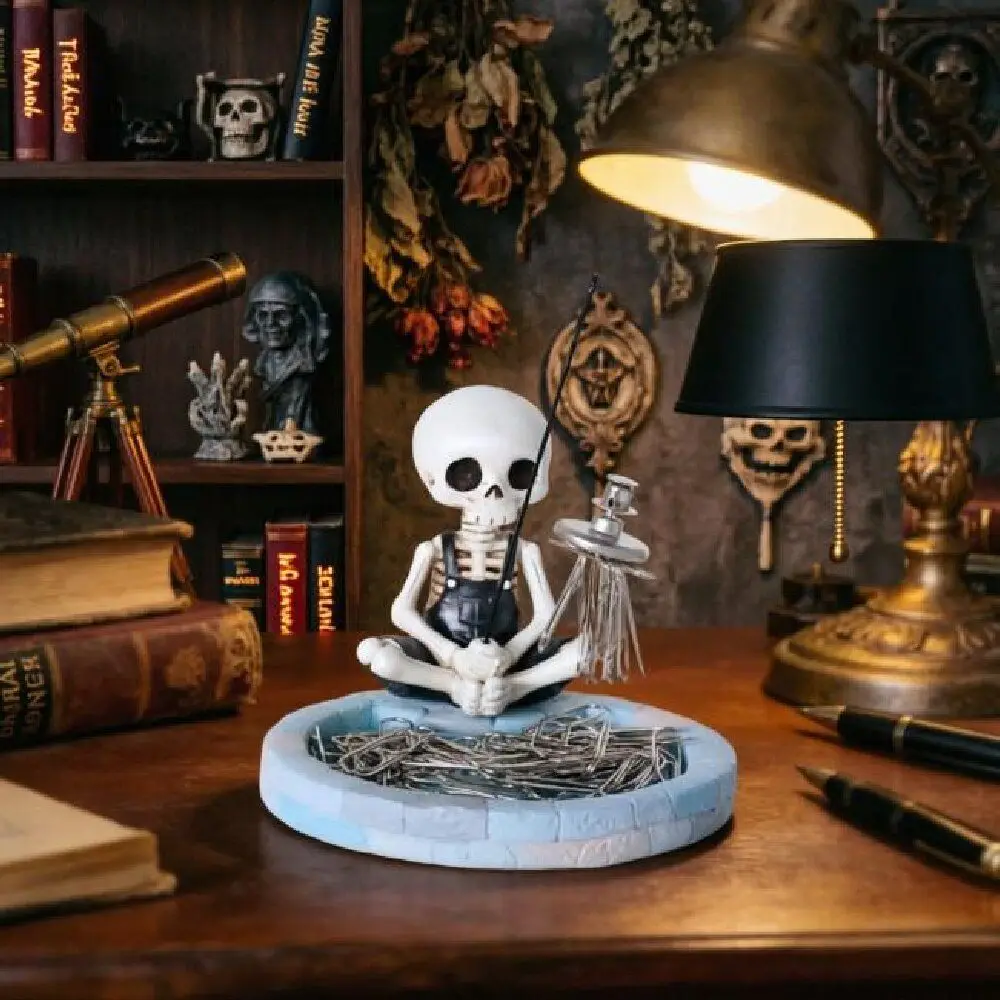 Magnetic Skeleton Fishing Paper Clip Holder Pool-shaped base Creative Design Skull Decor Figurine Fishing Skeleton Resin