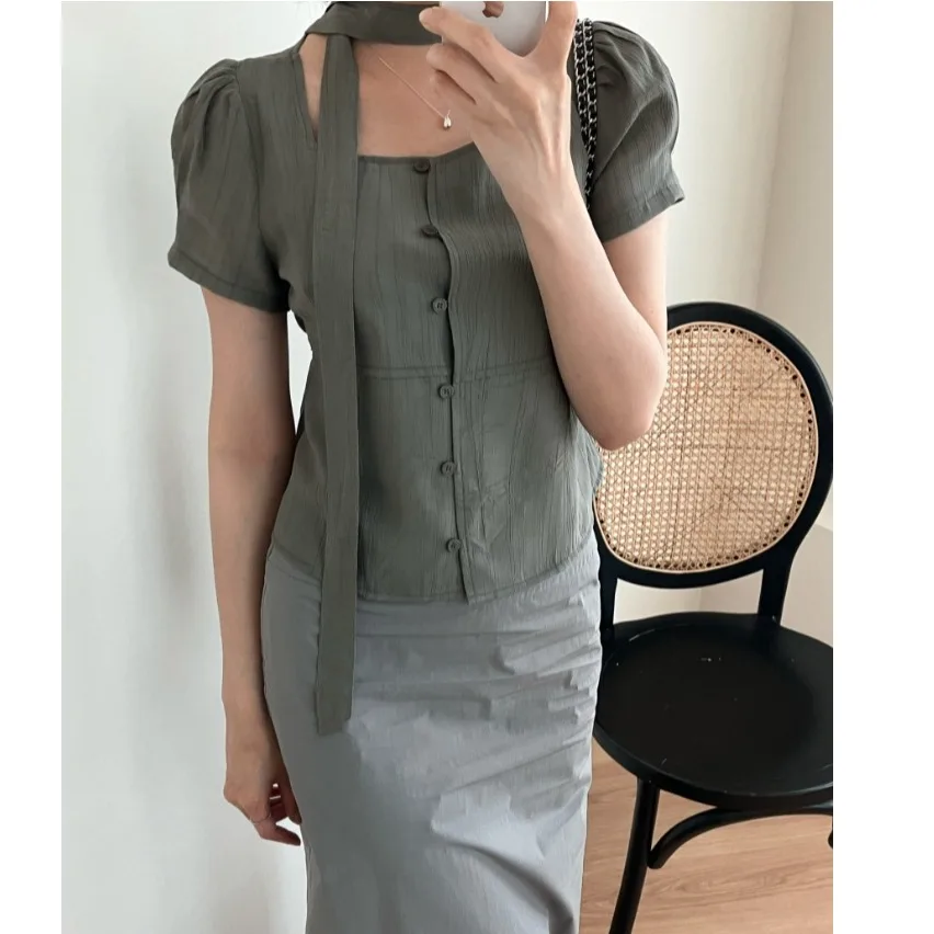 Ele Summer ort Sve irt enkele knoop stropdas vierkante kraag casual Sle dames Faion Bubble Sve normaal dun