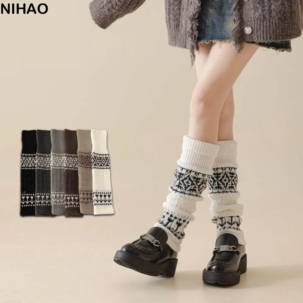 

Fashion Patchwork Maillard Leg Warmer Lolita Thicken Knitted Leg Covers Pile Up Hosiery Warm Retro Lattice Stockings Girls