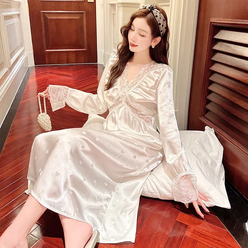 Women Sweet Long Sleeve Nightdress Sexy Patchwork Lace V-neck Nightgown Sleepwear French Court Style Satin Home Dress Loungewear