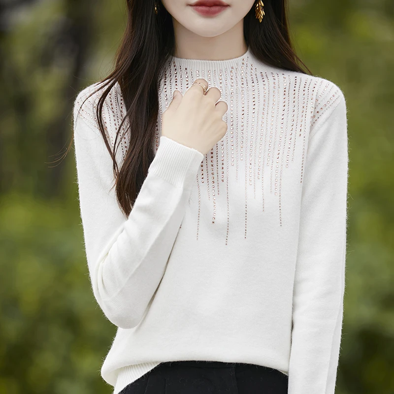 Women's Pullover Fall-Winter 2024 Solid color knit sweater Loose long sleeves Hot diamond fashion Thermal knit top Slim fit