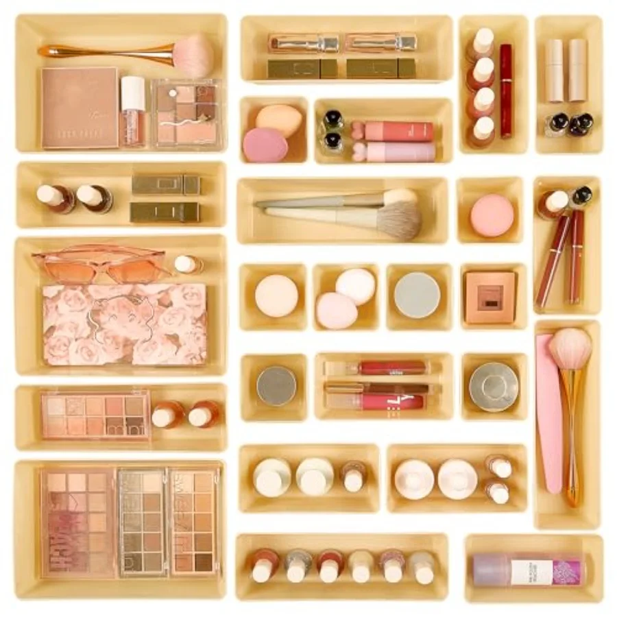 

Набор из 25 пластиковых органайзеров для ящиков, 4 размера, универсальные лотки-органайзеры для ванной и туалетного столика, контейнеры для хранения косметики и для спальни