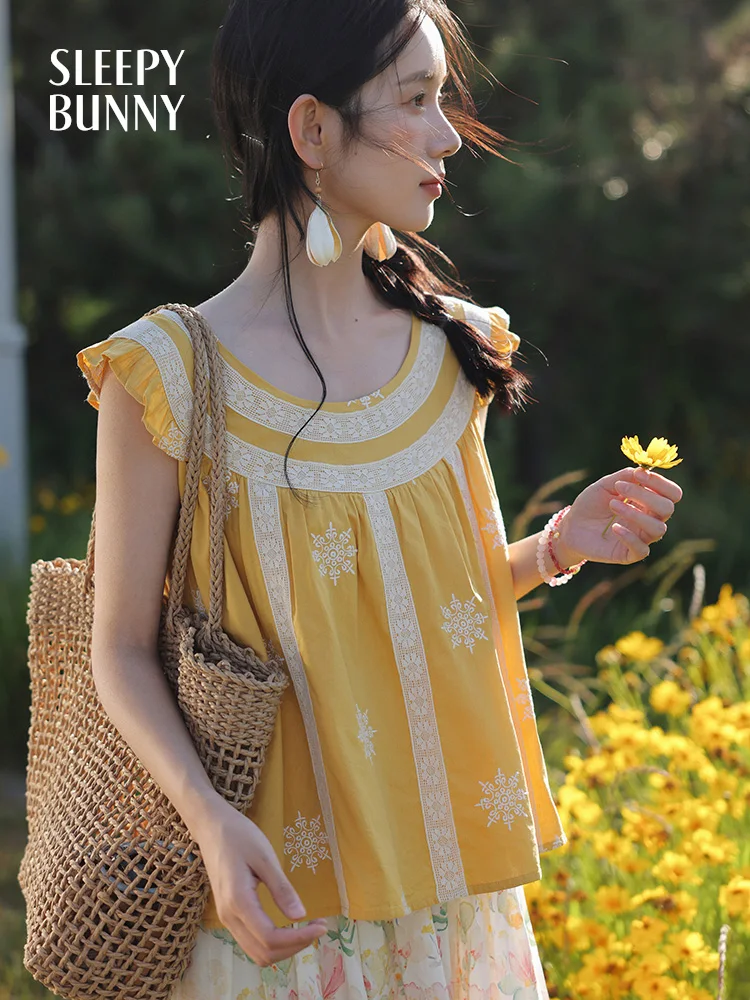 

Cute Ruffle Sleeve Embroidered Blouse Women Summer Loose Cotton Textured Top Flowy Round Neck Shirt Slimming and Casual Looks
