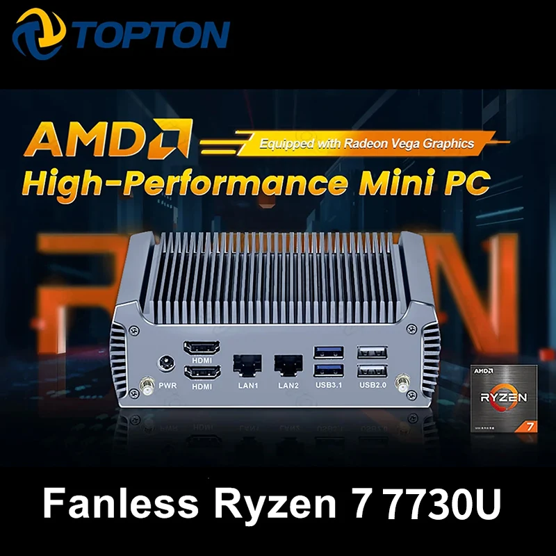 Topton FU02 كمبيوتر صغير بدون مروحة AMD Ryzen 7 7730U 8 Core 16 Threads Barebone PC 2 LANs كمبيوتر ألعاب مكتبي Windows 11 2x4K WiFi6