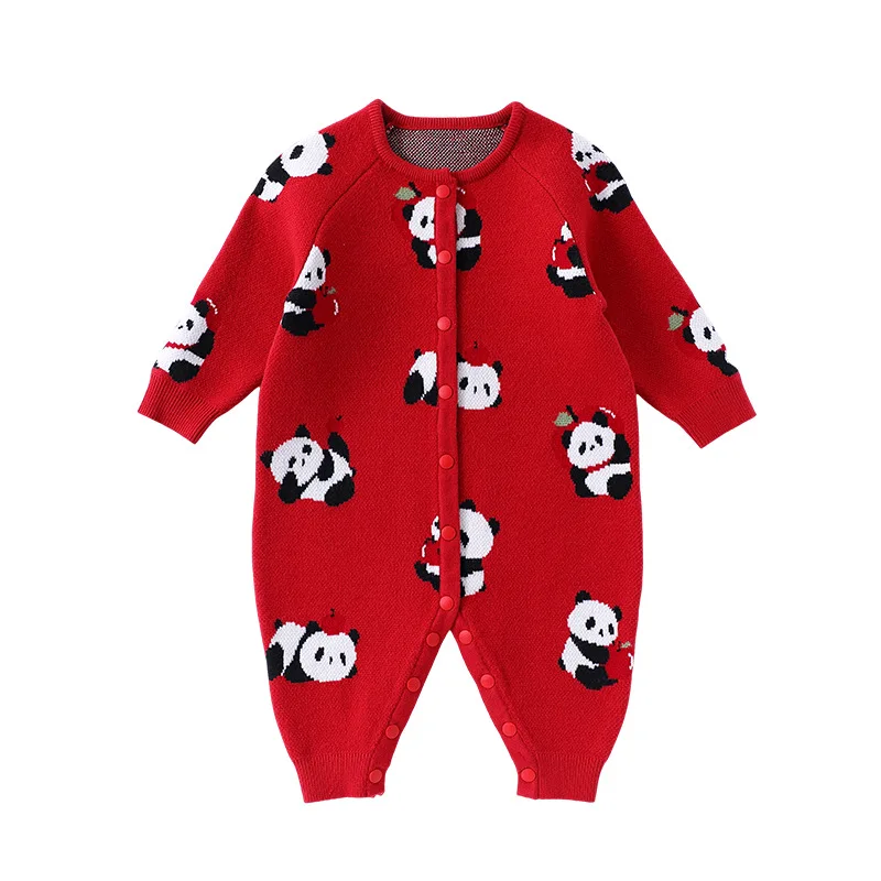 

Newborn Boy Rompers Spring Panda Jacquard Knit Toddler Girl Red Jumpsuits Round Neck Kids Baby Boy Bodysuits Infant Overalls