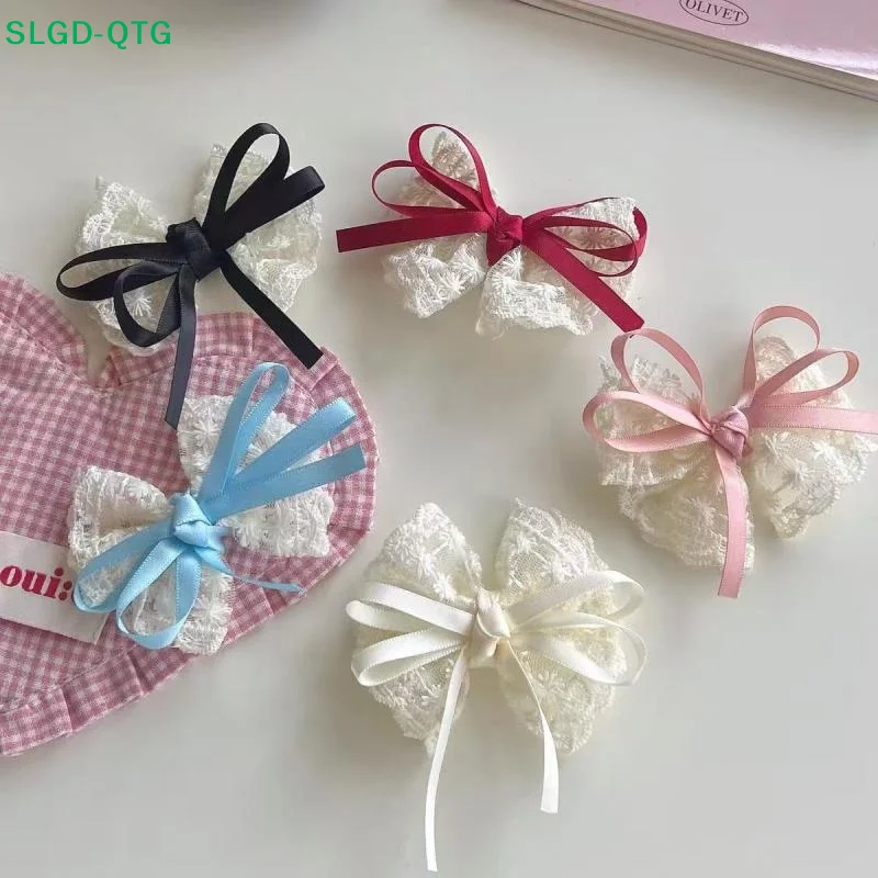 *2Pcs Blue Red Black Hair Clip Bow Hairpins Cloth Bow Side Bangs Clip Ribbon Side Hair Pins Barrettes Headwear Girls Pair Clips
