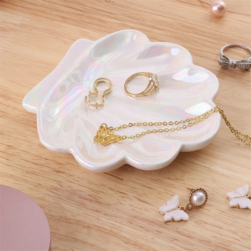 White Shell Shape Ceramic Finger Ring Earring Jewelry Display Tray Decor Shell Scallop Plates Exquisite Steak Salad Tray