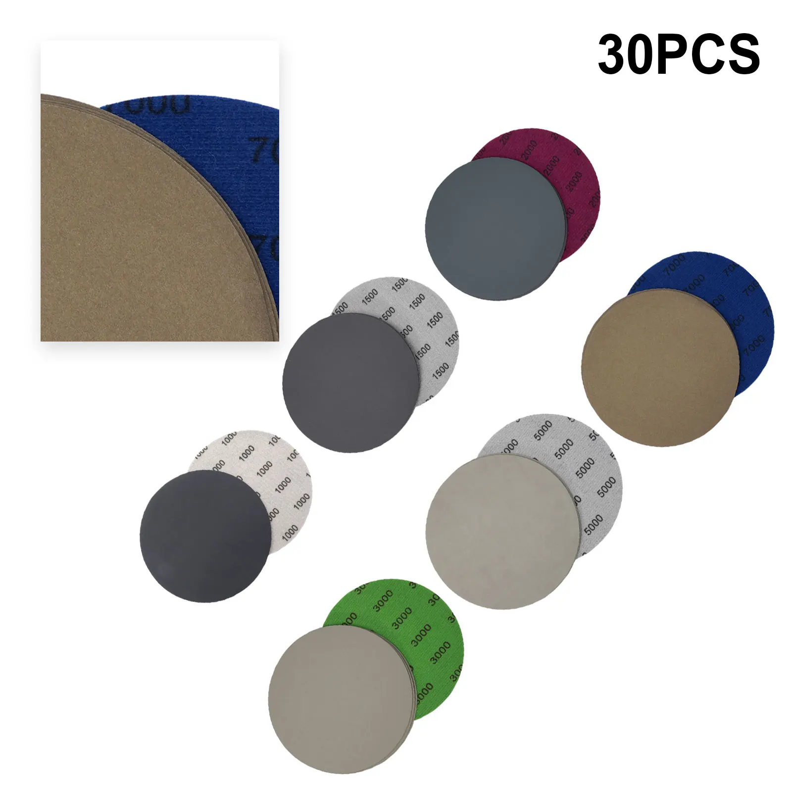 30pcs Water/Dry Sanding Paper 5 Inch 125mm Hook&Loop Wet/Dry 1000 1500 2000 3000 5000 7000 Sanding Discs Abrasive Tools