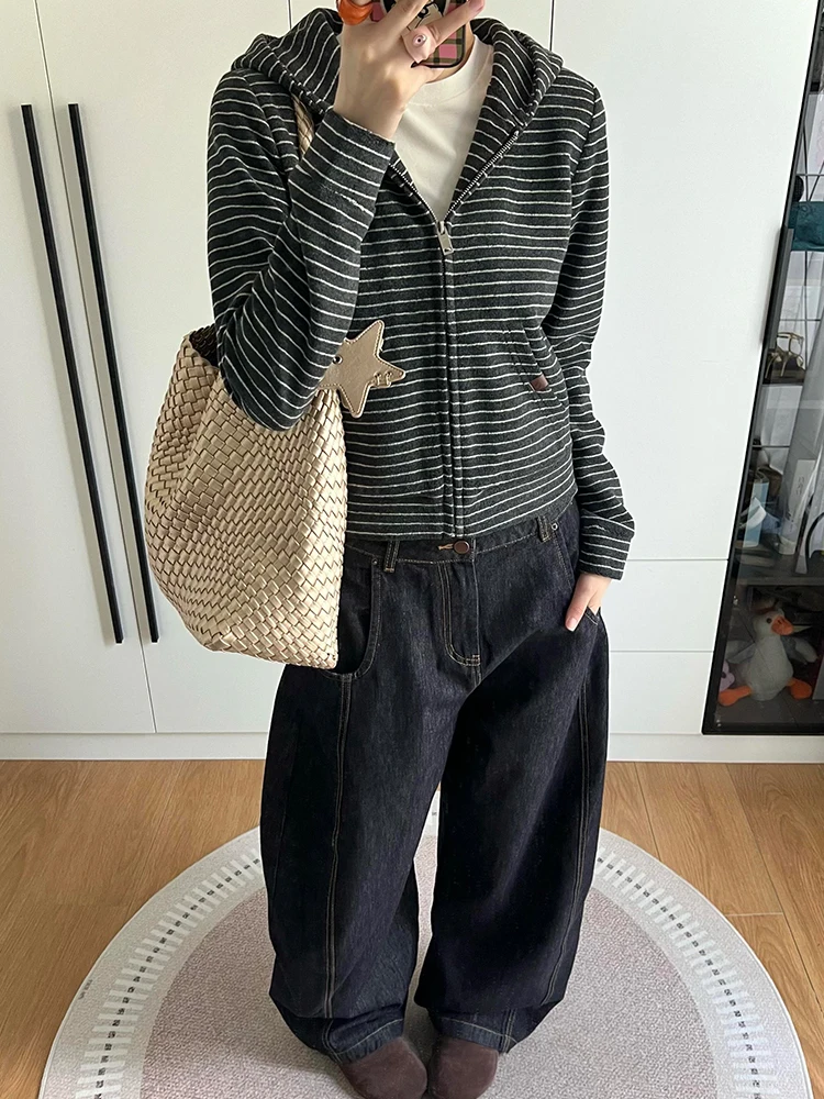 เสื้อคาร์ดิแกนผู้หญิงทรงเข้ารูป สไตล์ถักนิตติ้ง มีฮู้ด เปิดด้านหน้า ดีไซน์ลายทางสุดเก๋ แฟชั่นลำลอง สำหรับฤดูใบไม้ผลิและฤดูใบไม้ร่วง ปี 2025