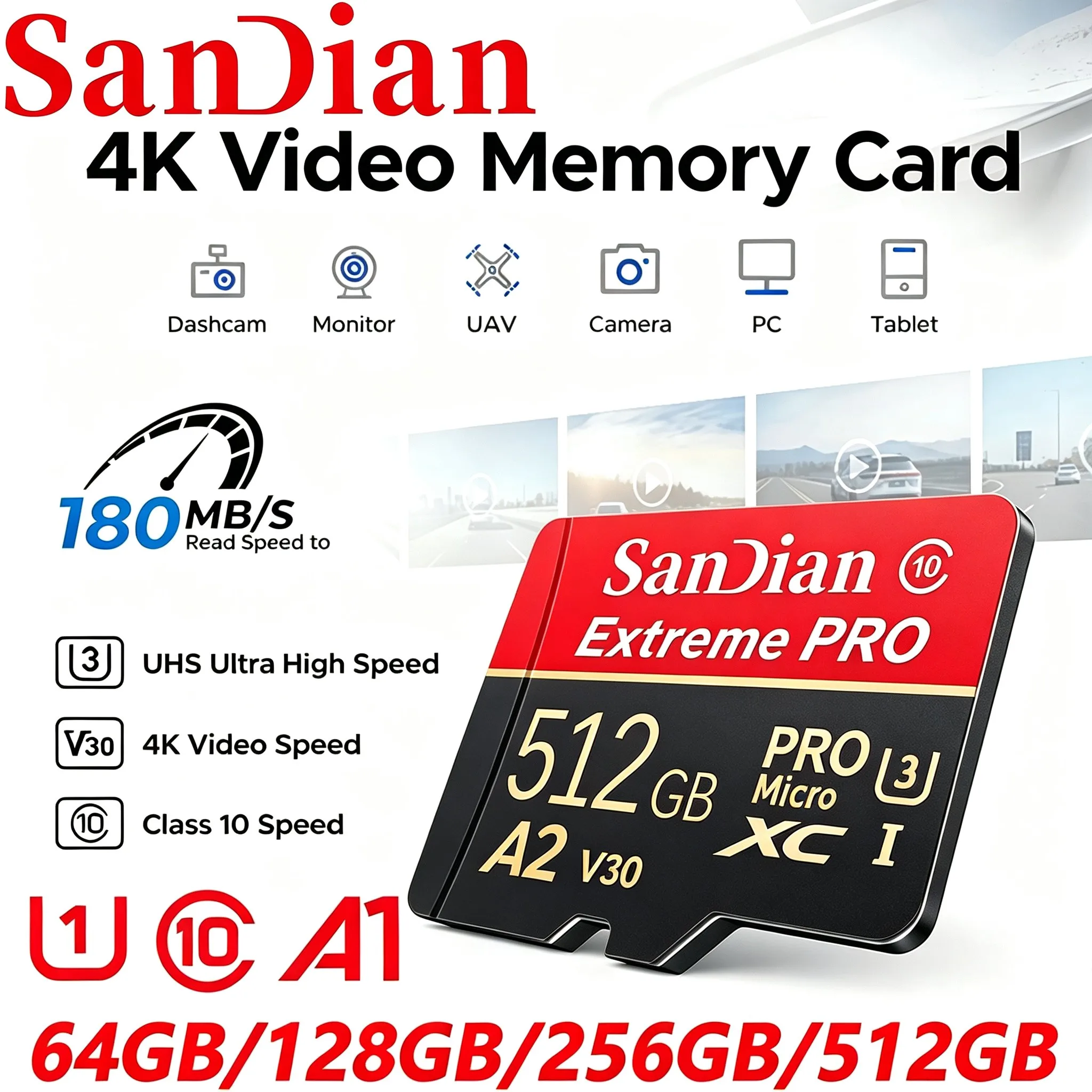 Waterproof Micro TF SD Card 256GB 128GB 512GB 32GB SD Cards TF Cards Memory Card C10 U1 for Body Camera/Drone/Mobile/Car DVR