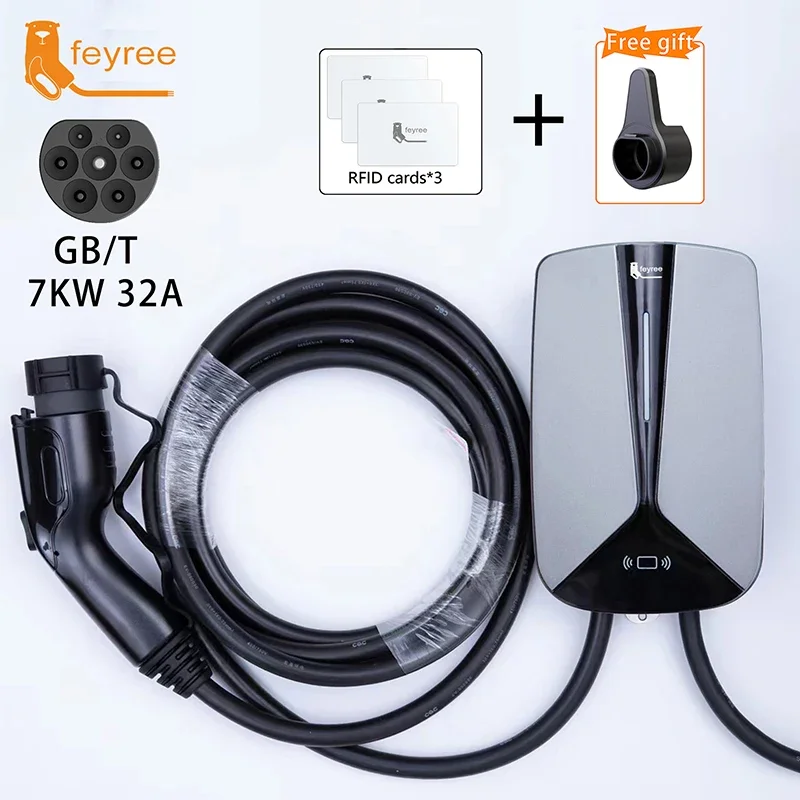 feyree EV Charger GB/T Plug Socket 32A 7.6KW 1Phase EVSE Wallbox Plug and Charge Model 5m Cable for Electric Vehicle Car Charger