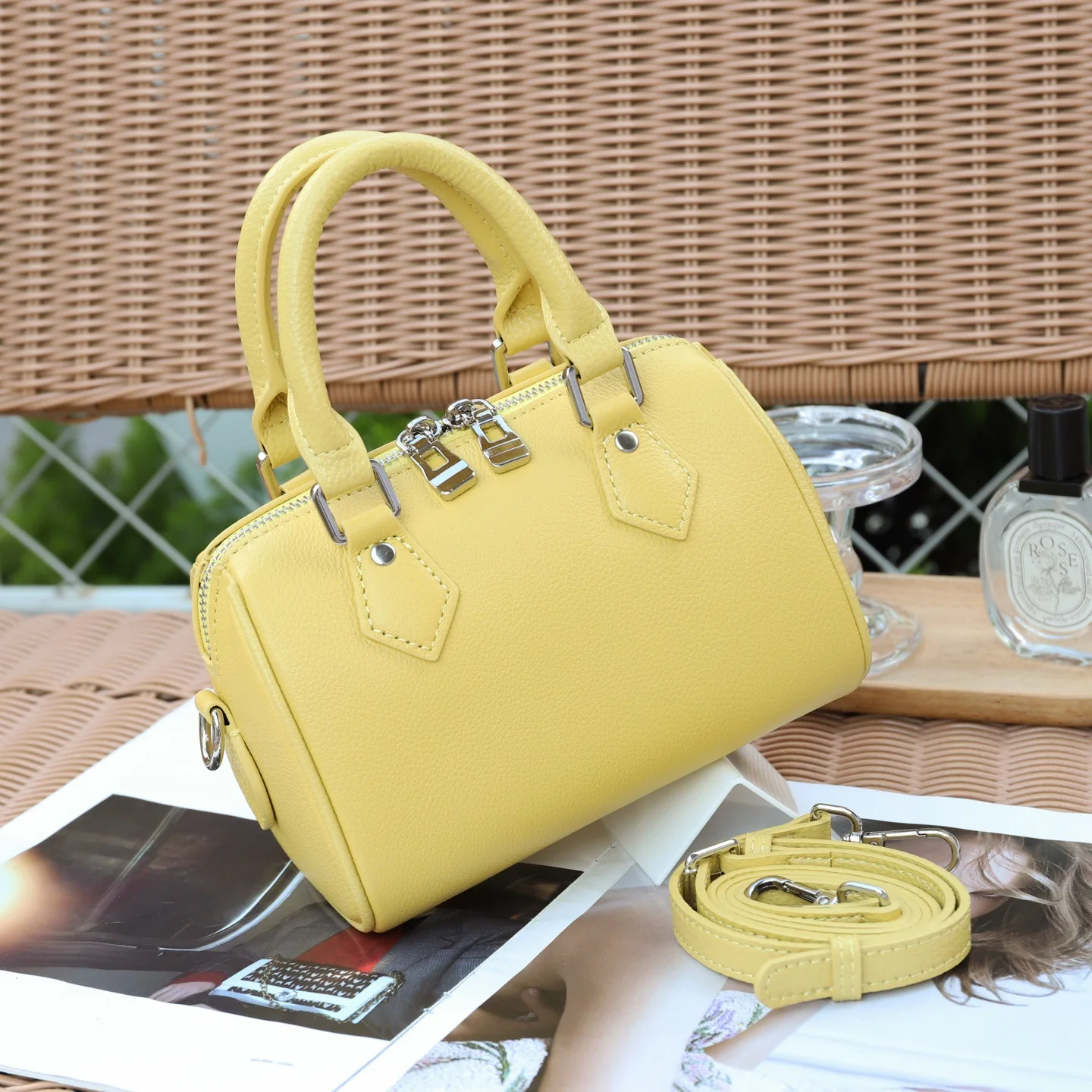 Genuine Leather Boston Bag for Women Large Capacity Bowling Handbag Crossbody Shoulder Tote Bag
