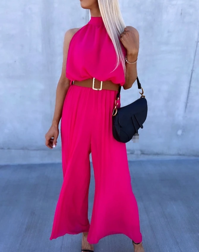 2024 Summer Woman Long Jumpsuits Elegant Sexy Sleeveless Pleated Mock Neck Jumpsuit New Fashion Casual One Pieces