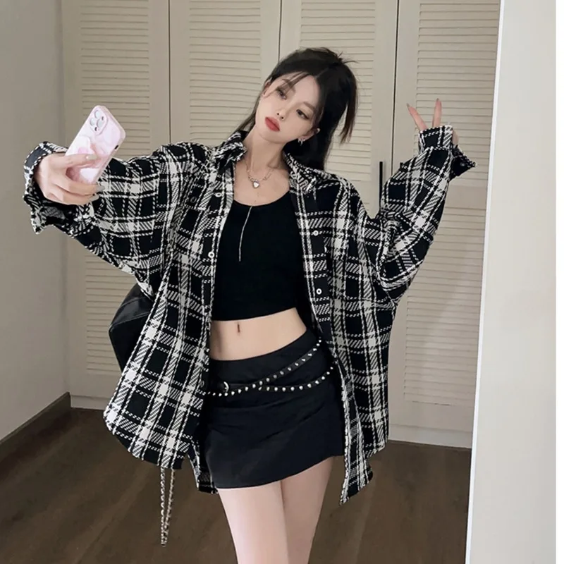 

Retro Korean Plaid Shirt Jacket Loose Fit Button down Lazy Style Tea Break Casual Women's Cotton Polyester Blend Long Sleeve