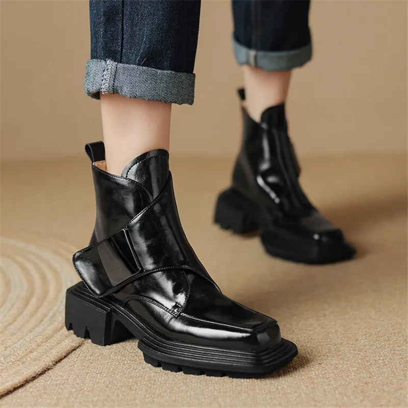 New Winter Split Leather Women Boots Square Toe Chunky Heel Platform Boots for Women High Heels Short Boots Concise Ladies Shoes