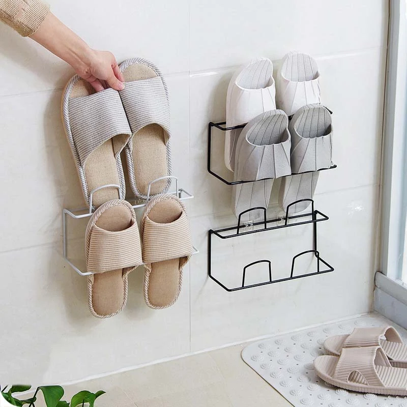Iron Wall Mounted Shoe Rack Hanging Shoe Holder Hanger Towel Rack Hanger Bathroom Slippers Drain Storage Shelf Organizer
