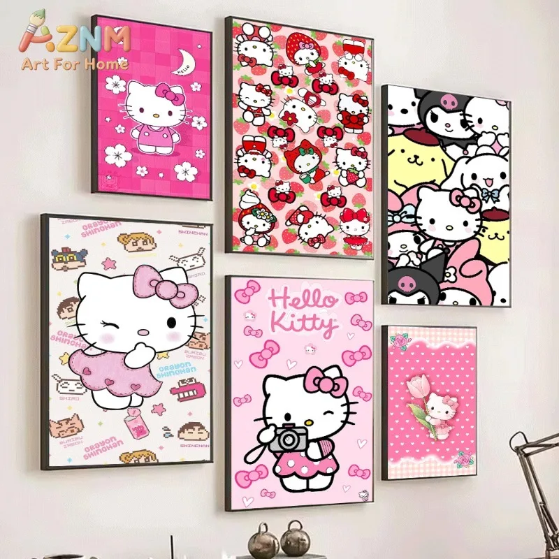 Hello Kitty Canvas Poster Sanrio Cute Cartoon Wall Art Unframed Print Hot Pink Grid Kawaii Aesthetic Home Wall Decor Gift