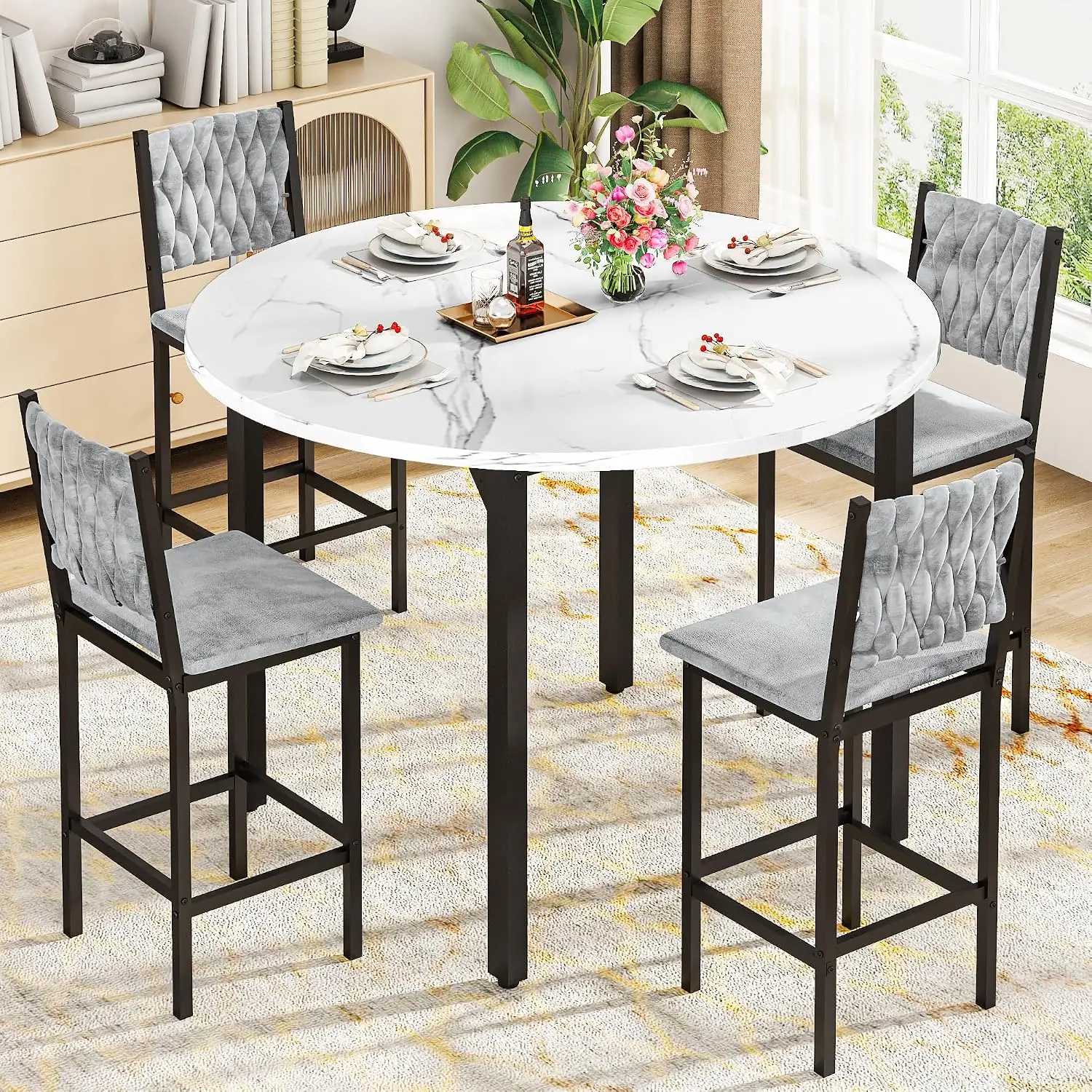 Round Dining Table & Stools Set Gray Velvet Counter Height Kitchen Furniture 4 Seats, Easy Assembly, Apartment, Customized