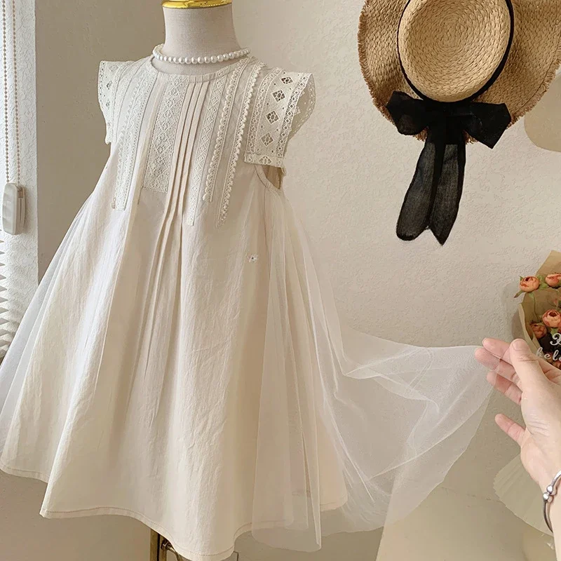 

Girls Summer Beige Mesh Spliced Large Skirt Sleeveless Lace Vest Dress Princess Dress Baby Girl Clothes Dress 2025