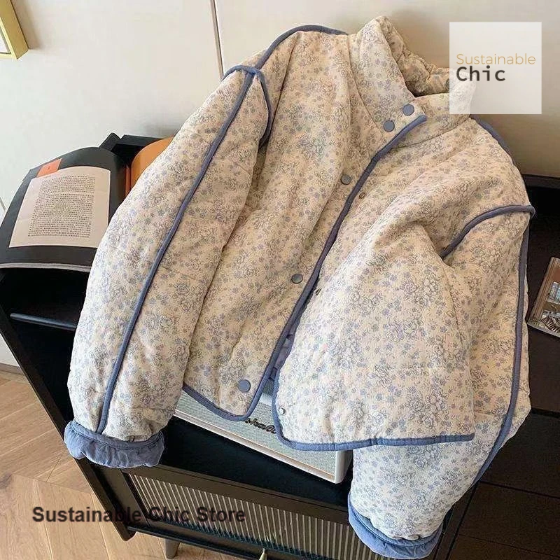 النمط الفرنسي الأزرق الصغيرة الأزهار سروال قصير خياطة القطن مبطن سترة معطف المرأة الخريف والشتاء معطف الرياح كسول دافئ جديد #1