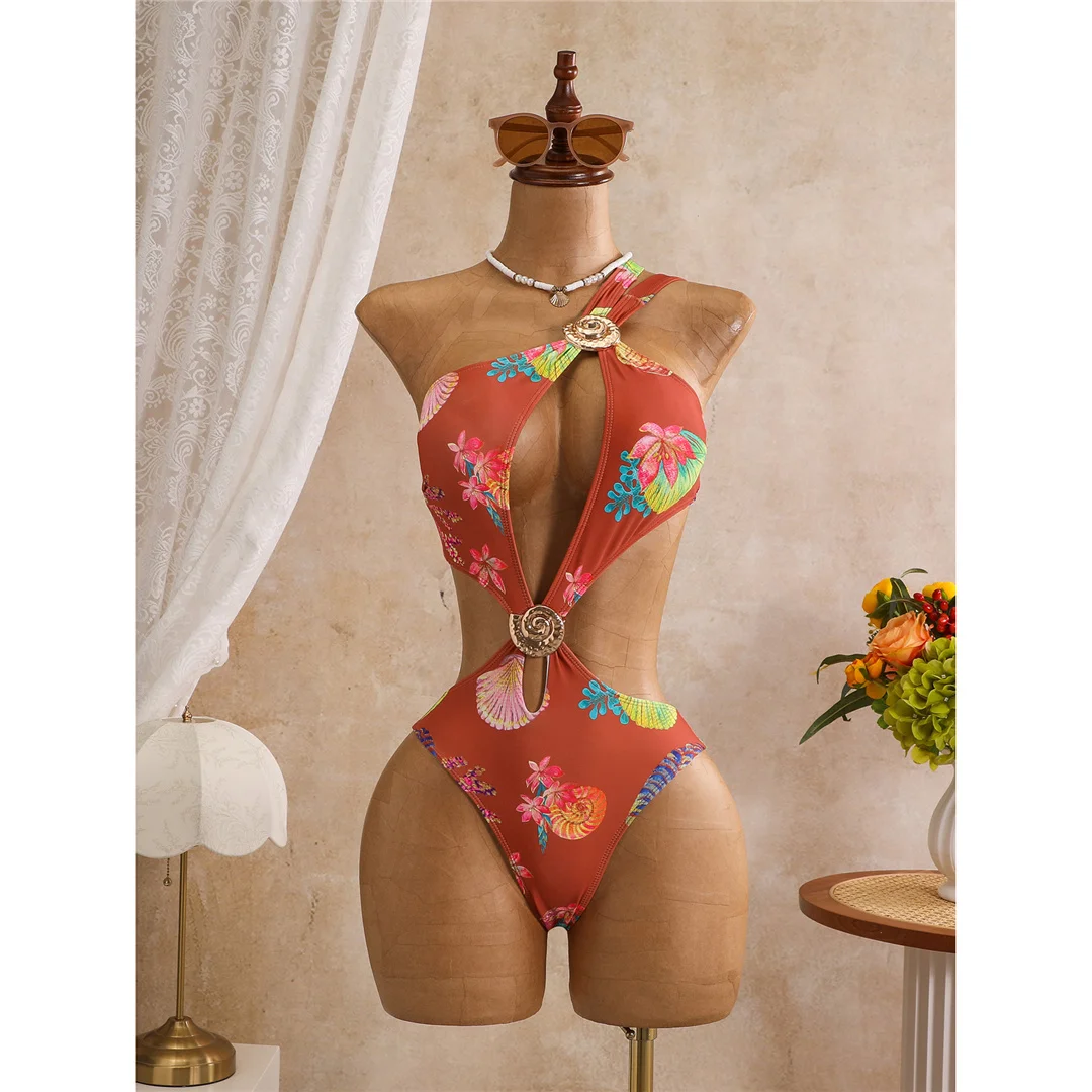 Blumenmuster, asymmetrischer Schnitt, einteiliger Badeanzug für Damen, One-Shoulder-Design, mit Ausschnitten, Monokini, Badebekleidung, Badeanzug, Modell V8370. – Detail 12