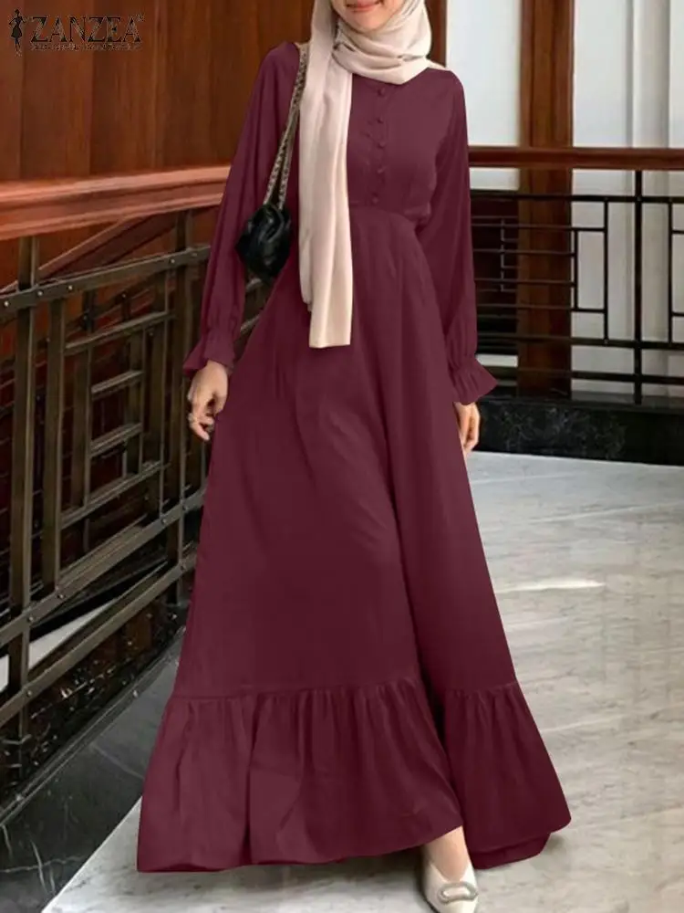 

ZANZEA Elegant Women Muslim Dress Fashion Long Sleeve IsIamic Robe Turkey Abaya Dubai Long Vestidos Kaftan Ramadan Maxi Sundress