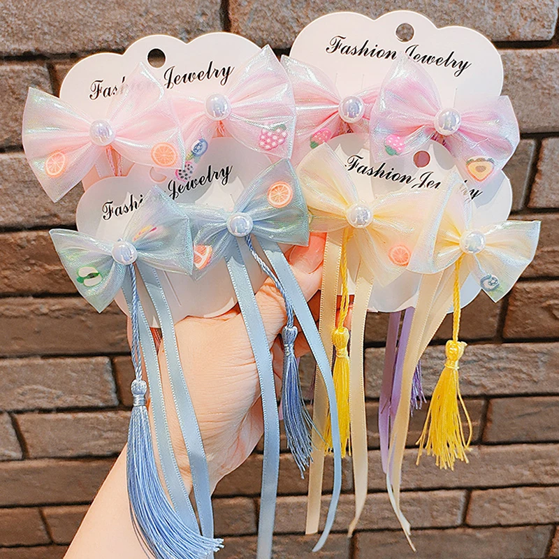 2Pcs Chinese Style Antique Tassel Ribbon Bow Hairpins Cute Children Sweet Girls Hair Clips Barrettes Hairgrips Hair Accessories