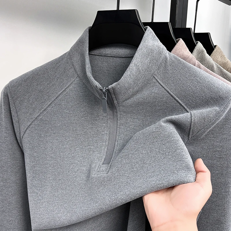 Fashion half zipper stand up collar long sleeve T-shirt men autumn winter velvet warm comfortable casual solid color Sweatshirt