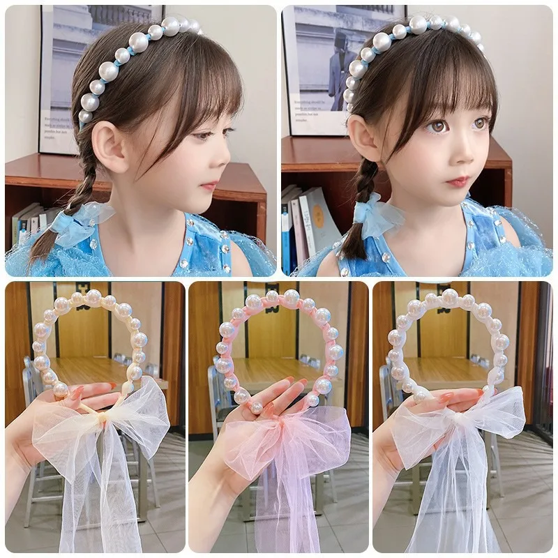 Children's Pearl Ribbon Headband Girl Butterfly Knot Headband Bow Headwear For 2-8 Years Old