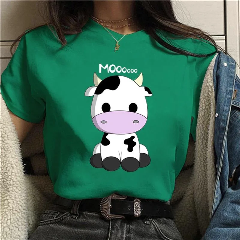 Cute Cows Heifer Moo Graphic Print T-shirt Women Fashion Crew Neck Short Sleeve Streetwear Casual Personality Tops