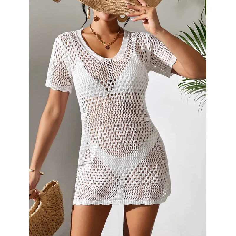 

Bonny 2025 Women Short Sleeved Knit Casual Beach Slim Tops V-Neck Sexy Hollow Out Solid Color Knitting Crochet Cover Up