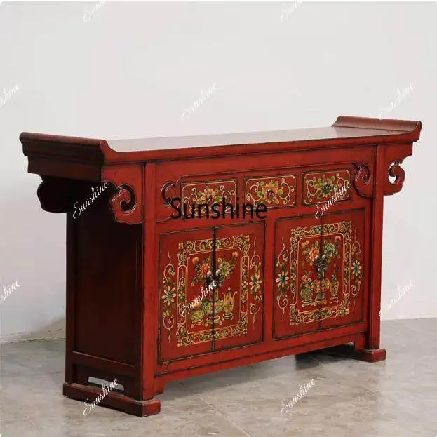 Solid wood antique entrance cabinet, decorative classical warped head cabinet
