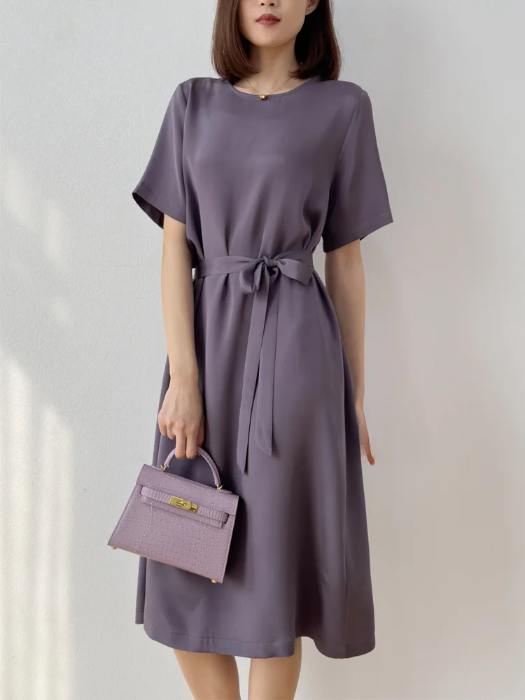 Women Silk Midi Dress 93% Mulberry Silk 7% Spandex 26 Momme Solid Colors Belt Waist O Neck Short Sleeve Dress M L XL XXL M1125