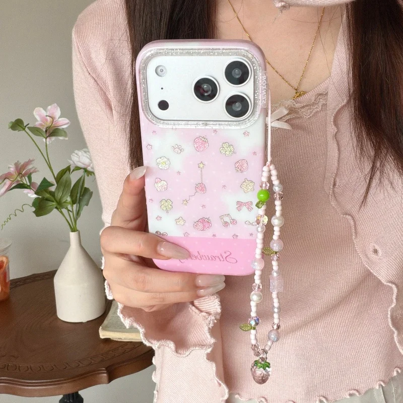 

Cute Glitter Strwaberry Clock Phone Case For iPhone 17 Pro 16 15 14 Pro Max Cover with Chain Shockproof Protective Cases Girls C