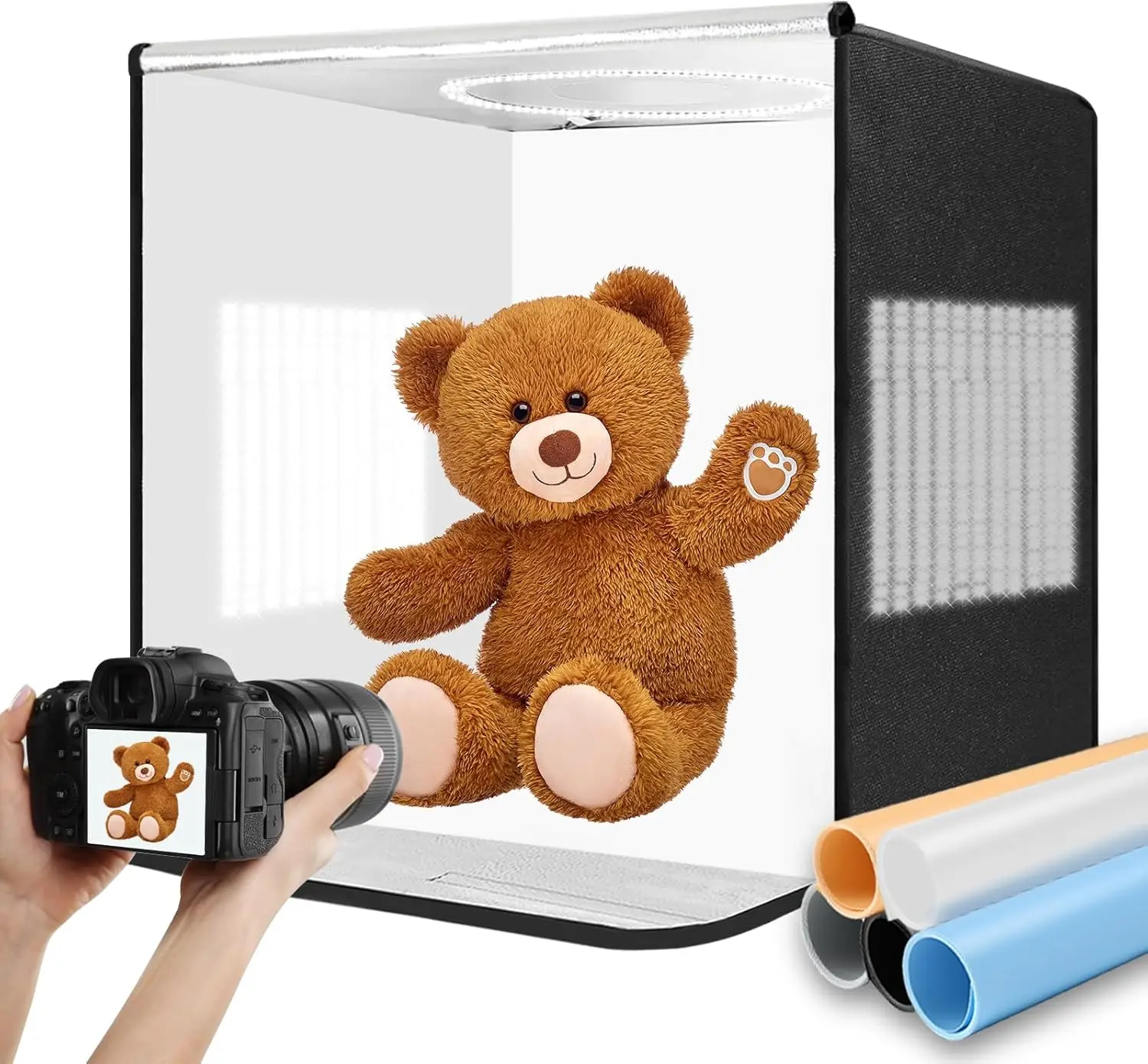 

Фотостудийный световой бокс 24x24 дюйма с трехсторонней подсветкой, регулируемыми светодиодами и 5 фонами для предметной съемки