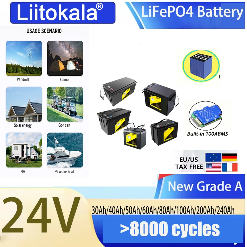 LiitoKala 24V 50Ah 60Ah 80Ah 100Ah 120Ah 150Ah 200/240AhLiFePO4 Battery for Electric Wheelchair Elderly Scooter Children Toy Car
