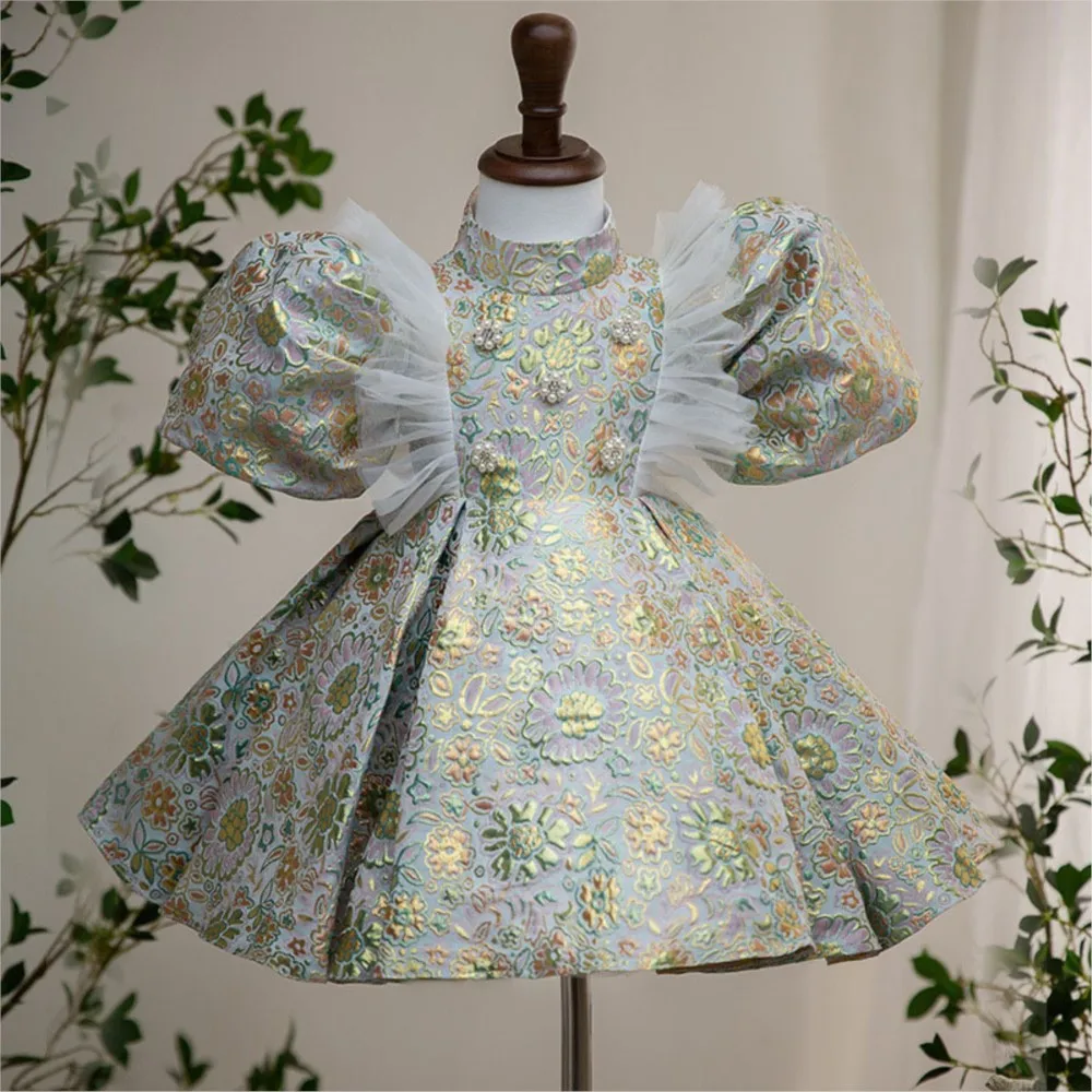 Girl's Jacquard Bubble Sleeve Mesh Spliced Princess Dress 2024 New Children's Dress