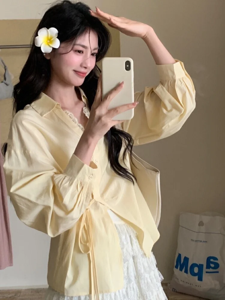 

Summer Loose Casual Women's Sun Protection irt Yellow Lace Trim Collar Asymmetrical Tie Thin Outerwear Top Commute Sle