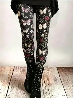 Women's Mid Waist Fleece Lined Leggings Vintage Butterfly Floral Print Slim Fit Stretch Long Pants