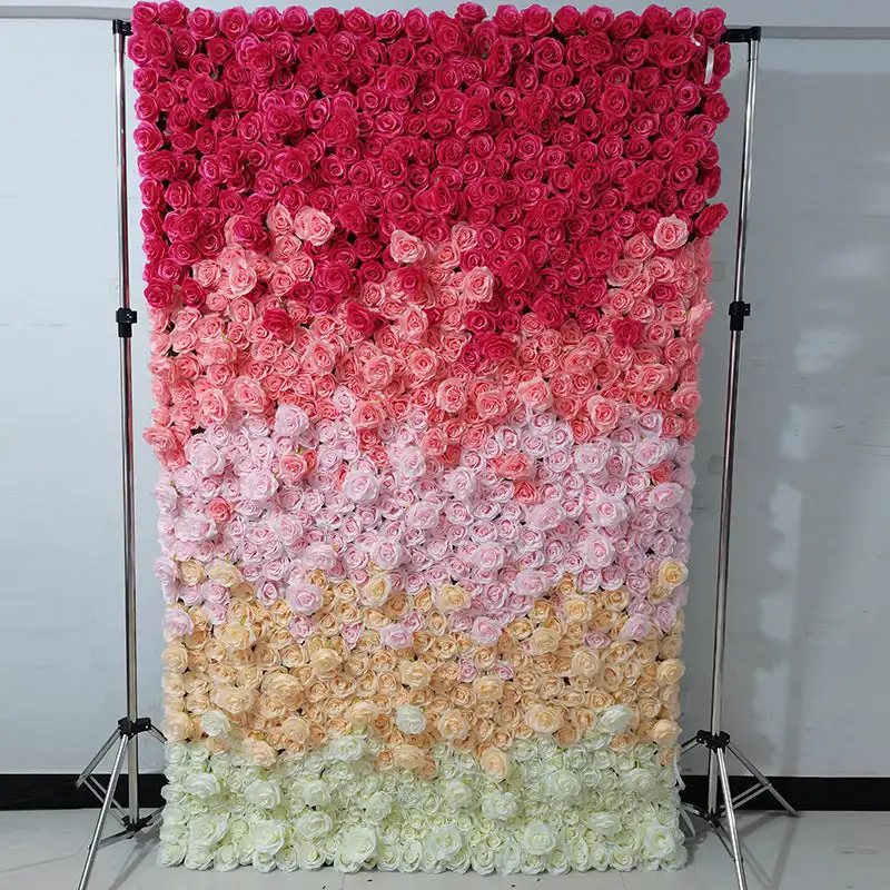 3D Rose Red pink gradation yellow green rose Flower Wall, Artificial Rose Fabric Floral Wall, Outdoor Wedding Backdrop Decor