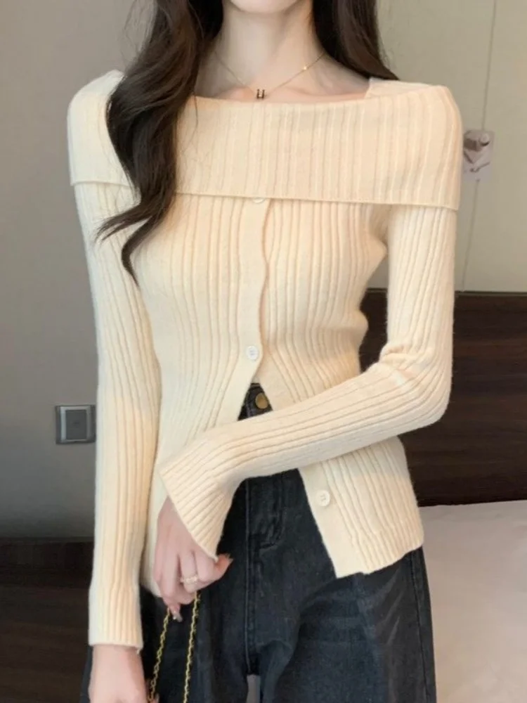 Women's Slim Fit Knitwear Square Collar Slit Design Autumn Winter Faion Ele Gentle Sle Base Top Quali Polyester Fiber
