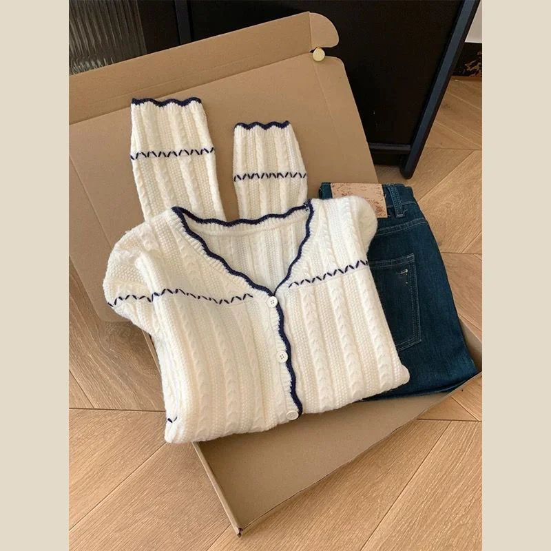 Contrast Color Striped Knitted Cardigan Women Autumn Winter Lazy V Neck Long Sleeve Sweater Simple Versatile Base Tops