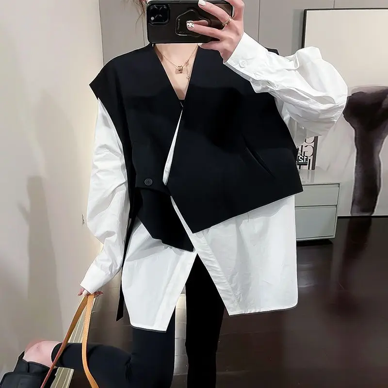 Fake Two Pieces Spring Autumn New Women\'s Contrast Color Spliced Asymmetrical Blouse V-Neck Elegant Loose Long Sleeve Shirt