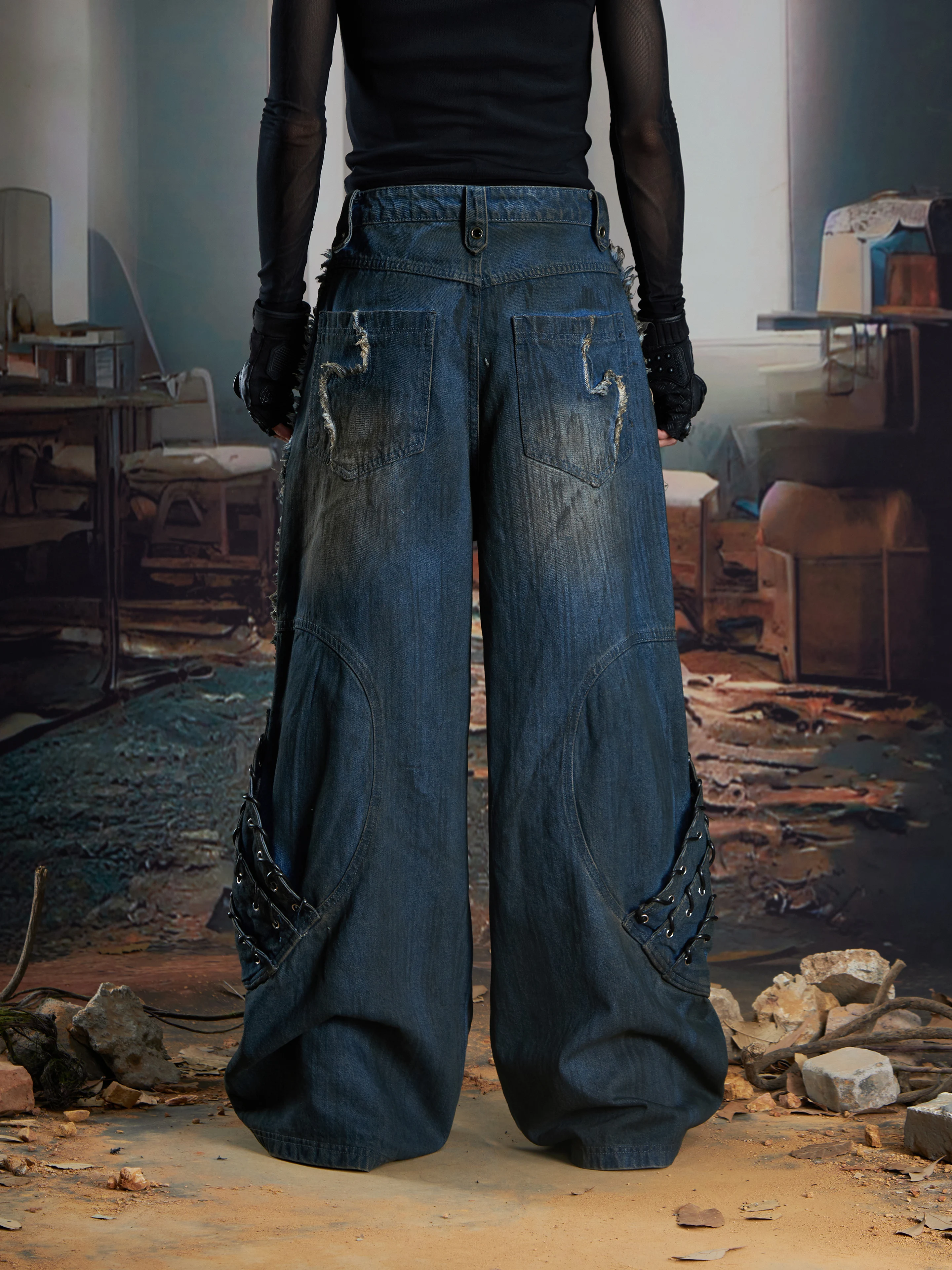 Design Super Heavy Industry Deconstructs Stitching Edging Tassels Loose-Fitting Washed and Worn Waste Jeans Trousers
