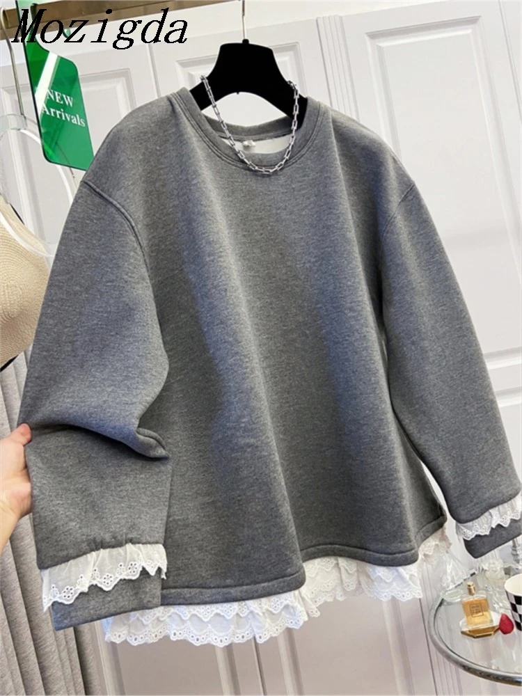 Sweat-shirt grande taille en dentelle pour femme, décontracté, ample, velours, nouveau Style, col rond, manches longues, mélange de coton, automne hiver