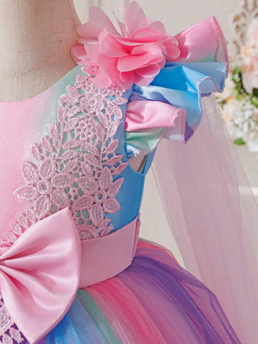 

Ethereal Rainbow Ombre Evening Dress With 3D Floral Bow And Lace Applique