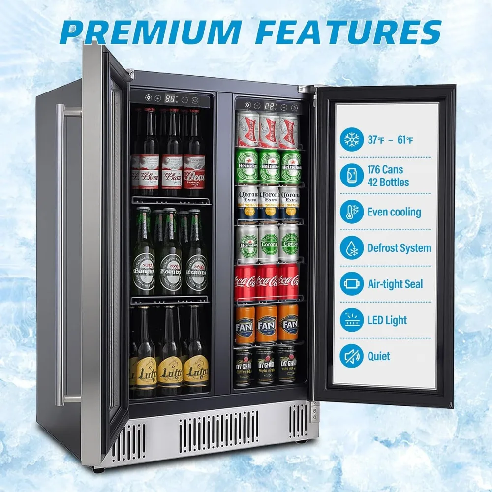 

24 inch Beverage Refrigerator Cooler, 5.4 Cubic/176 Can Large Fridge Dual Zone with Glass Front Door, Under Counter Small Refrig