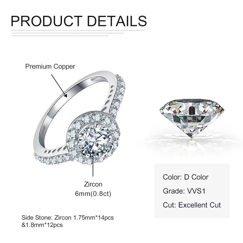 Halo Round Sparkling Lab Cubic Zirconia Engagement Rings 14k Plated Silver Gold Color Wedding Ring for Women Bride Jewelry
